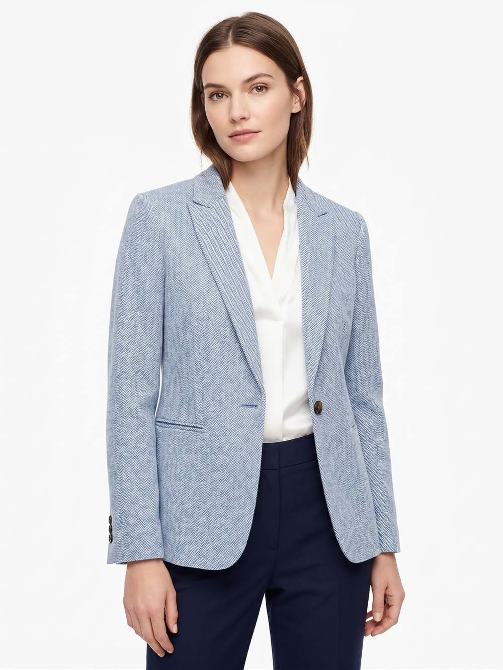 J.Crew Linen Cotton Blue Herringbone One-Button Blazer Size 14